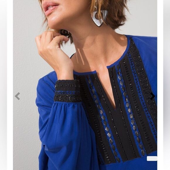 Chico's Embellished Colorblock Top in Seafaring Blue & Black Size Large (16) - Picture 7 of 13